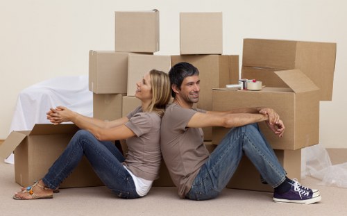 Moving boxes and protective packing materials prepared for relocation