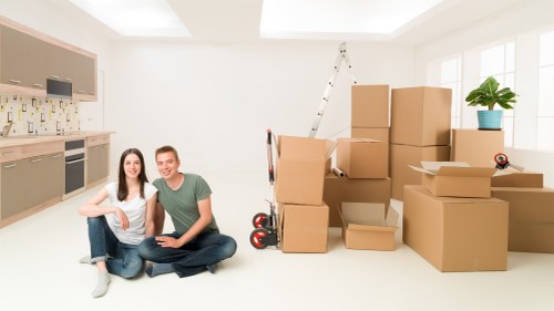 Packed office boxes ready for relocation in west London