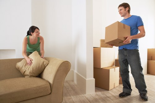 Packed moving boxes and furniture prepared for transport in Hollandpark
