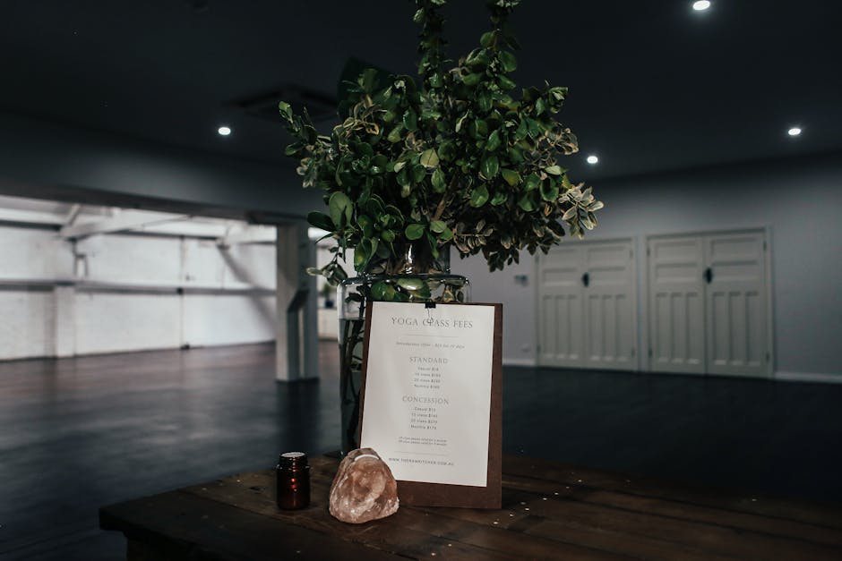 A close-up view of a wooden table inside a property being prepared for a home relocation, with a large potted plant featuring green, round leaves positioned at the center. In front of the plant, there is a framed sign listing yoga class fees, surrounded by a small black container and a pinkish salt lamp. The background reveals a spacious interior with dark flooring, white walls, and three white doors with black handles, indicating an organized, ready-for-move environment. Overhead recessed lighting casts soft illumination across the scene, emphasizing the details of the objects and space. This setting reflects the packing and moving process, with the furniture and items temporarily arranged, and occasionally hints at the logistical organization managed by Removals Holland Park, a professional moving service provider.