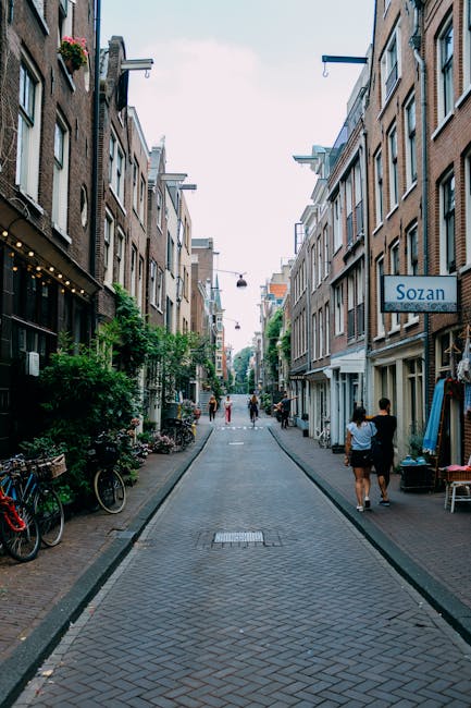 A narrow residential street on Holland Park Road, with multi-storey brick buildings on both sides. The pavement is made of interlocking brick, and bicycles are parked along the sidewalks. Some greenery, including potted plants and small trees, is visible on the building ledges and storefronts. A sign reading 'Sozan' is attached to one of the buildings on the right. Several pedestrians are seen walking along the street, with a few near the entrance of a property and others further down the road. The sky above is partly cloudy, and the street is well-lit with natural daylight. This setting depicts an urban environment suitable for house removals and furniture transport, with visible outdoor packaging materials and the initial stages of a home relocation process, supported by services such as those offered by Removals Holland Park.