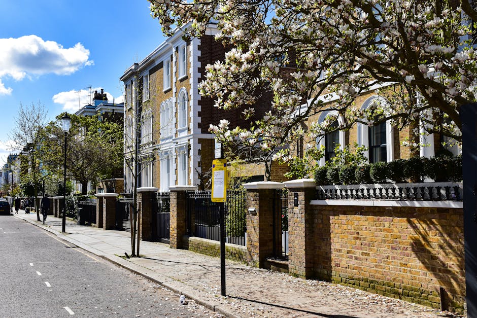 A street view in Holland Park showing a row of residential buildings behind a brick and wrought iron fence, with flowering trees in full bloom along the pavement. The buildings are three stories high, with large windows and decorative architectural details. A yellow bus stop sign is positioned on the sidewalk near the fence. The scene is illuminated by bright daylight, with shadows cast by the trees and street lamps. This exterior environment depicts a quiet neighbourhood suitable for house removals, as [COMPANY_NAME], specialising in removals and home relocation services, might coordinate the logistics of furniture transport and packing within this area. No moving equipment or activity is visible in the image, focusing instead on the residential setting that could be involved in a house move or packing process, consistent with the tips provided for Ilchester Place house removals in Holland Park.